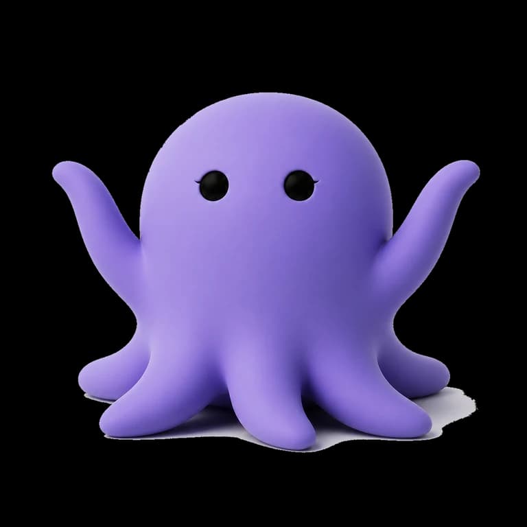 Octo with two arms thrown up high on either side, delighted