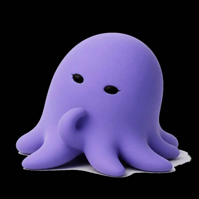 Octo, a soft lavender octopus, with their head tilted and one arm curled up beneath their face