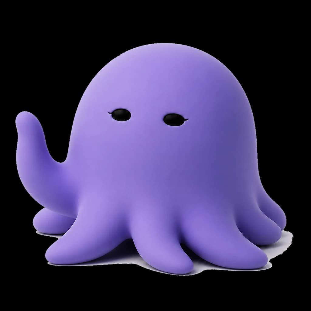 Octo, a soft lavender octopus with a rounded mantle and eight short arms, raising one arm in greeting