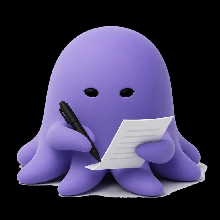 Octo holding a page in one arm and a slim black pen in another, reviewing it