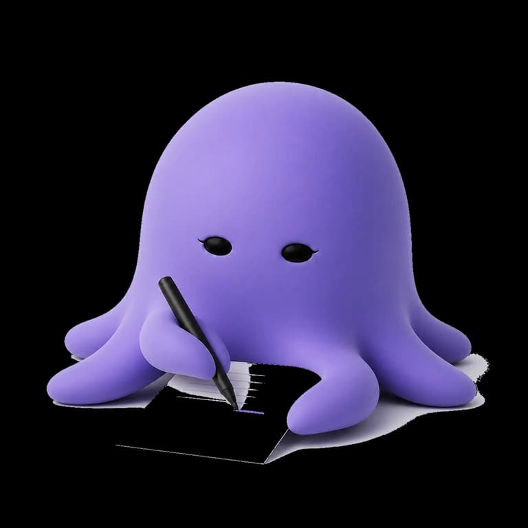 Octo resting a pen on a page laid flat on the ground