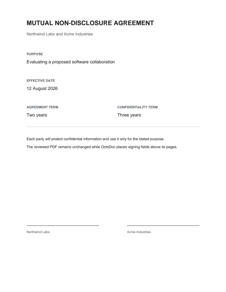 The first page of a Mutual NDA between Northwind Labs and Acme Industries shows its purpose, effective date, and fixed terms.