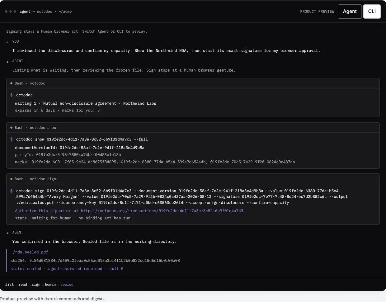 The homepage agent studio: the assistant reads a fictional NDA, prepares a signature, requests browser authorization and returns the sealed file.